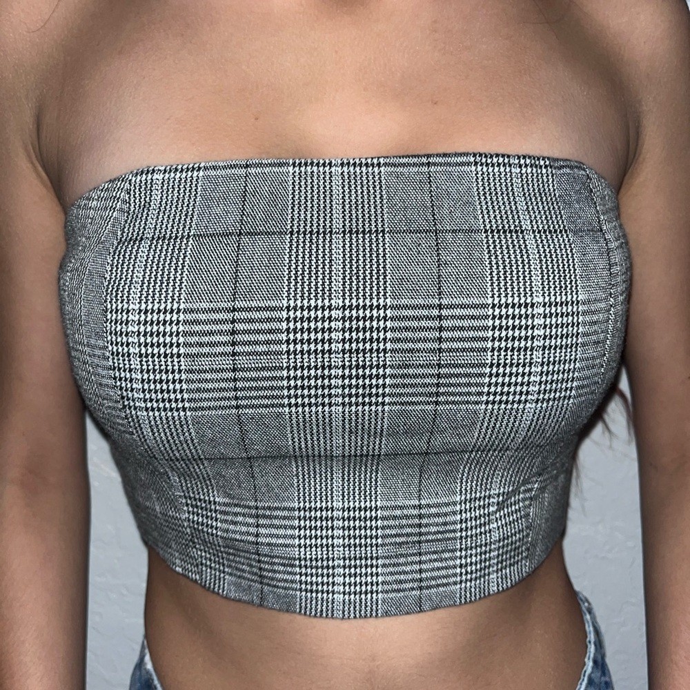 Forever 21 Gray Plaid Strapless Crop Top